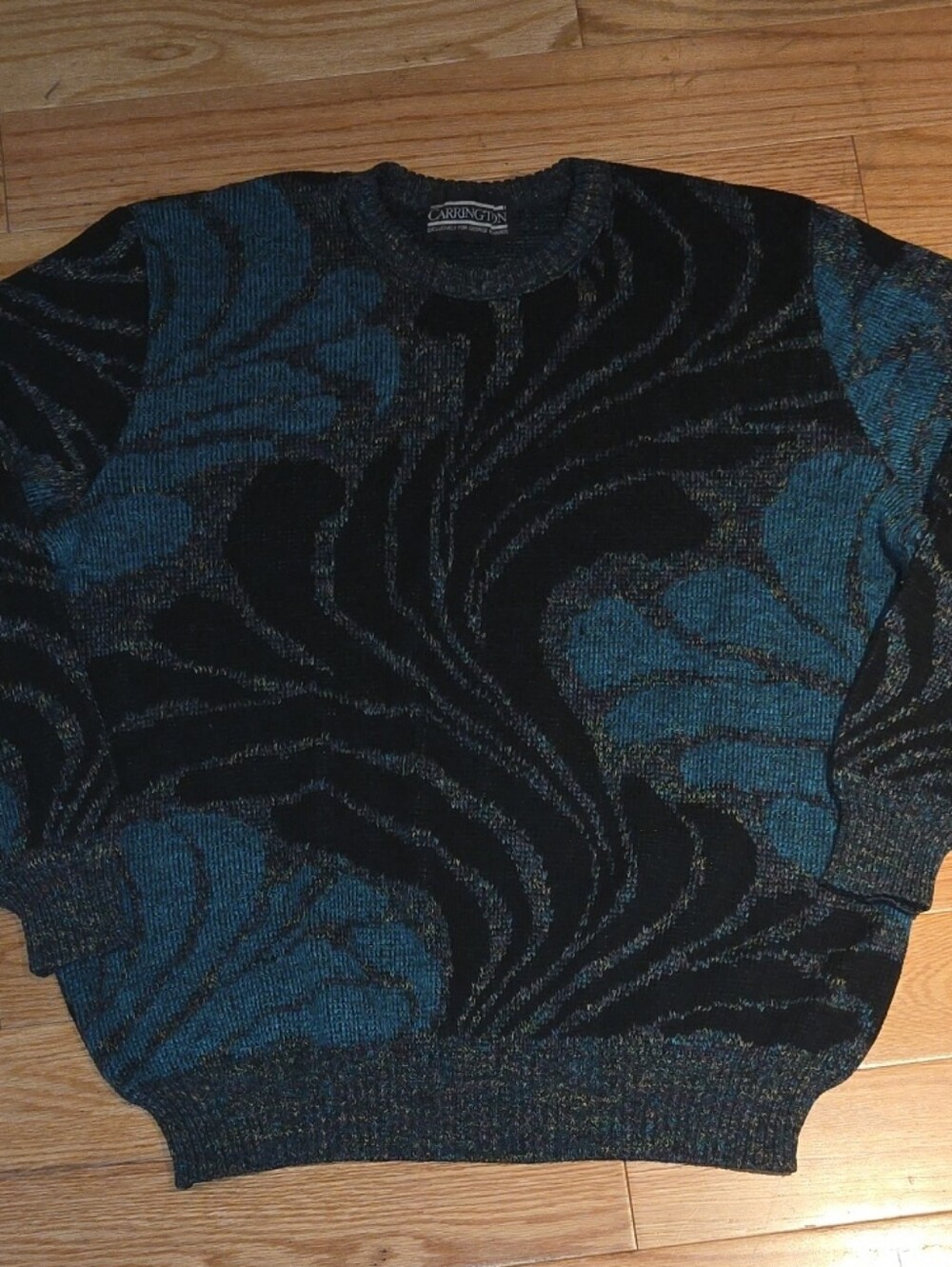 Vintage Carrington Teal and Black Swirl Pattern Crewneck Sweater